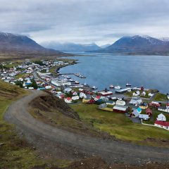 View over Akureyri and the Eyjafjörður fjord from a hillside road