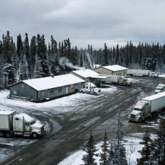 Truck stop buildings at Coldfoot on the Dalton Highway surrounded by spruce