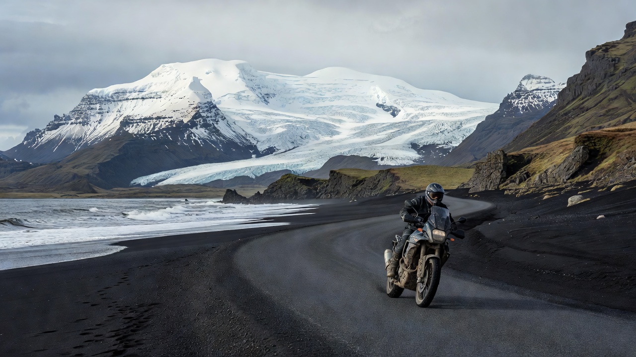Motorcycle on Iceland's Route 1 running along a black sand coast below glacier-capped mountains
