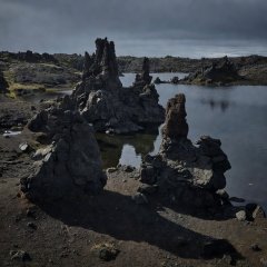 Dark lava pillars beside Lake Mývatn in north Iceland