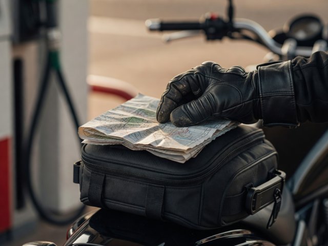 Close-up of a gloved hand holding a folded paper map on a motorcycle tank bag at a fuel stop