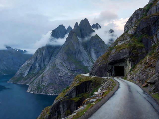 Senja's coast road hugging a fjord beneath steep pointed mountains, with a tunnel entrance ahead