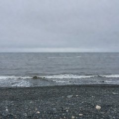 Gravel shoreline of the Arctic Ocean at Tuktoyaktuk under a grey sky